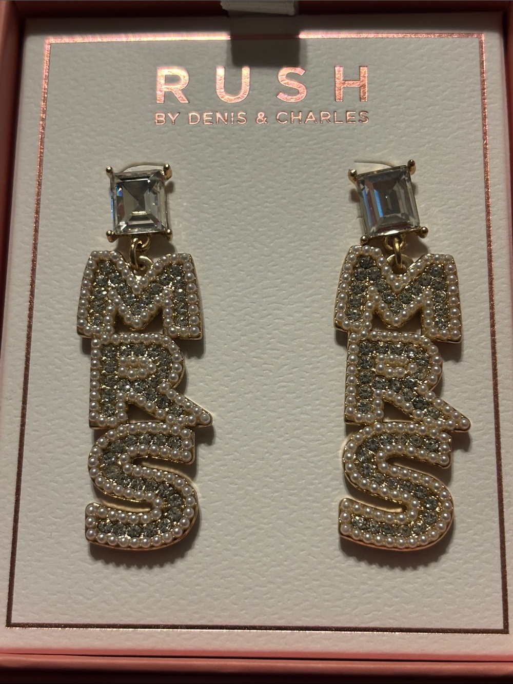 Gold‎ 'MRS’Crystal Drop Earrings Faux Pearl -Bride, Newlywed,Wife